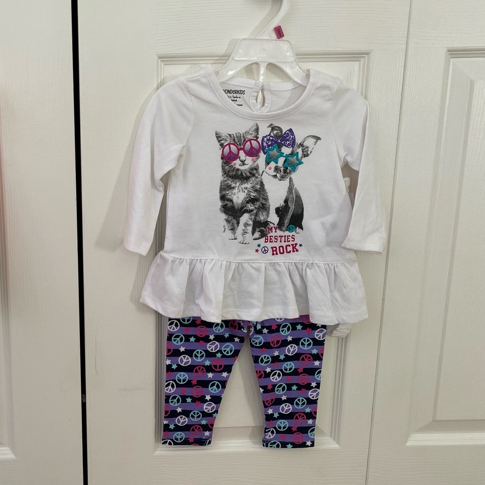 NWT: Wonder Kids Toddler Cat & Dog Outfit 12 months. Long sleeves and pants.